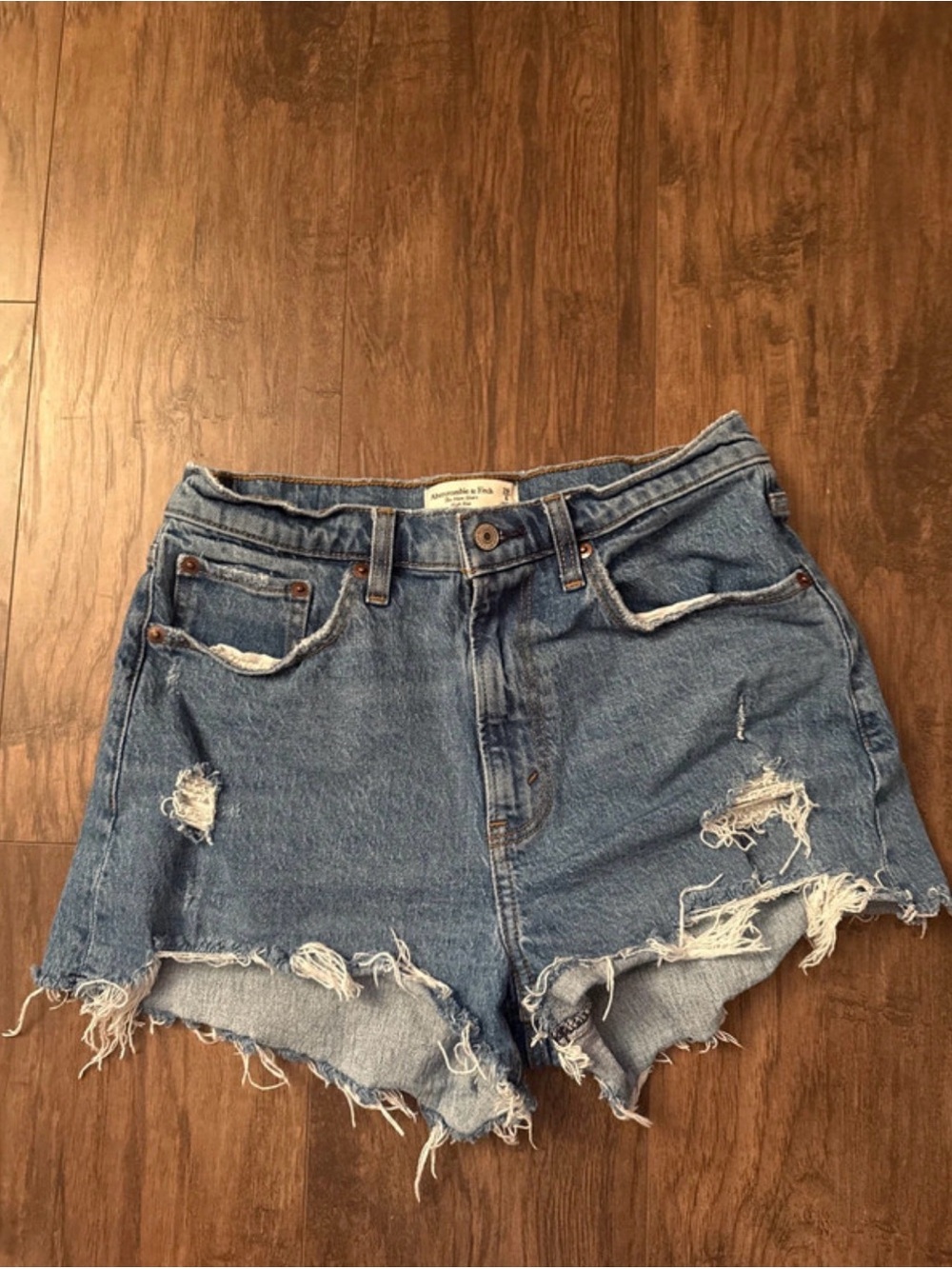 Abercrombie & Fitch Distressed High-Rise Denim Shorts — Light Blue